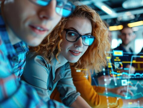 A diverse team of economists in a hightech office analyzing unemployment trends, surrounded by holographic displays and interactive data maps, capturing strategic planning