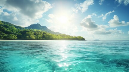 Obraz premium Serene tropical beach with clear turquoise waters under a bright sun and lush green mountains in the background