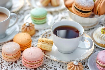A decadent high tea arrangement with espresso cups and an array of pastries like macarons, petit fours, and scones, set on a delicate lace tablecloth with fine china
