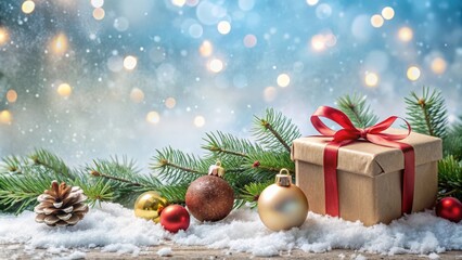 Christmas winter background with a gift box, Christmas baubles, and fir tree branches on snow
