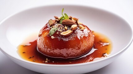 A beautifully presented Indian sweet dish, such as gulab jamun or jalebi, with rich syrup and a garnish of nuts, set against a clean, elegant background.