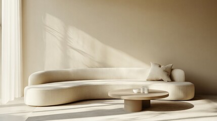Beige Curved Sofa and Coffee Table in Minimalist Modern Living Room - AI generated illustration