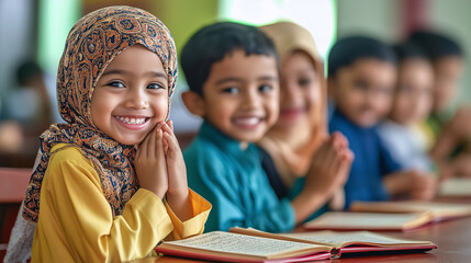 A group of happy children reading religious books in a classroom