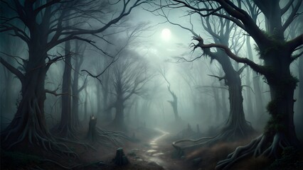 Obraz premium Mysterious foggy forest at night with eerie atmosphere and dark trees for spooky concepts