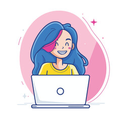 A woman smiling while sitting at her laptop, flat illustration style, white background
