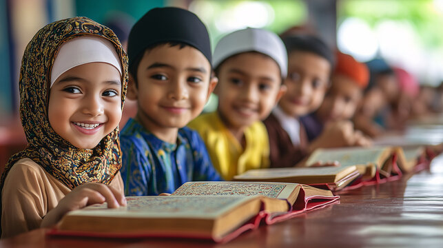 A group of happy children reading religious books in a classroom
