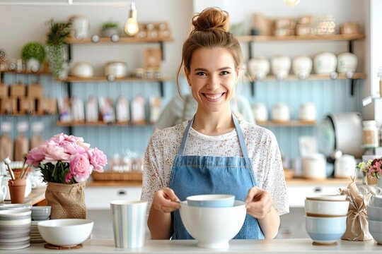 A cozy boutique with a small business owner arranging unique products, warm lighting, and inviting decor, embodying the charm of personalized shopping