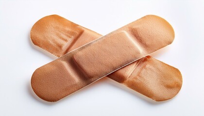 Two adhesive bandages crossed over each other.