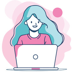 A woman smiling while sitting at her laptop, flat illustration style, white background
