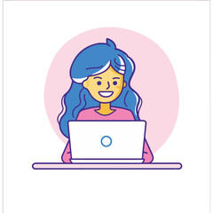 A woman smiling while sitting at her laptop, flat illustration style, white background
