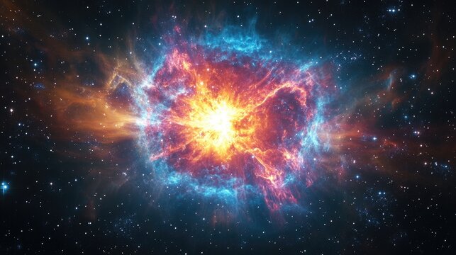 A colorful supernova explodes within a nebula, radiating energy and light across a vast field of distant stars.