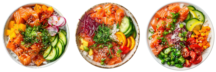 set of salmon poke bowl with fresh fish, rice, and colorful vegetables on a transparent background