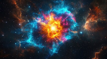 A colorful supernova explodes within a nebula, radiating energy and light across a vast field of distant stars.