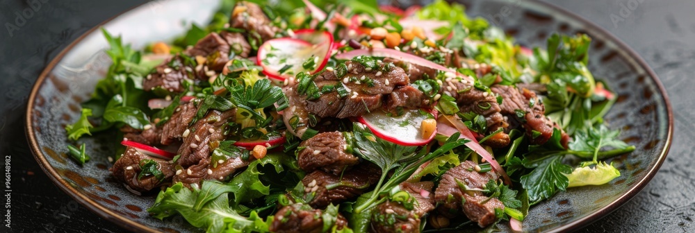 Wall mural Beef Meat Salad with Radish, Greens and Sauce on Grey Plate Close Up, Simply and Healthy Recipe