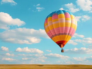 Obraz premium A colorful hot air balloon arriving gently at a landing site, while another ascends into the sky, carrying dreams and aspirations