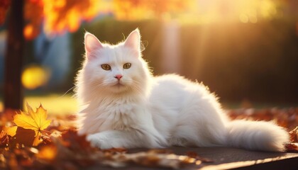 Obraz premium a beautiful fluffy cat sits in the yard against the backdrop of autumn leaves