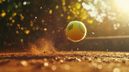 Tennis Ball Hitting Clay Court with Dust Particles - AI generated illustration