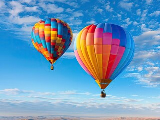 Obraz premium A colorful hot air balloon arriving gently at a landing site, while another ascends into the sky, carrying dreams and aspirations