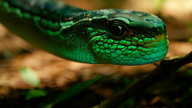 Green tree python slithers gracefully on a branch in a lush rainforest, showcasing its vibrant scales and exotic beauty against the wild jungle backdrop