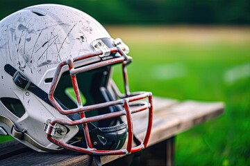 A closeup of a wellused school football helmet