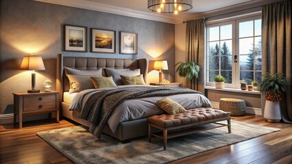 Detailed Drawing of a Cozy Bedroom Featuring a Plush Bed and Warm Decor for Interior Design Inspiration