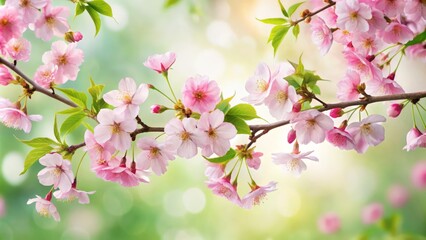 Delicate pink cherry blossom branches sway gently in the breeze, adorned with soft petals and lush green leaves,