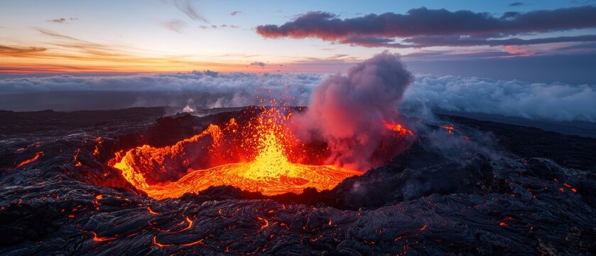 A volcanic eruption with a lava fountain at sunset, emitting bright orange lava and smoke into the sky, surrounded by a dark volcanic landscape.