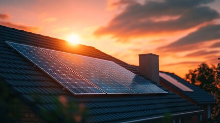 Close-up of Solar Panels on Urban House Roof During Golden Hour - AI generated illustration.