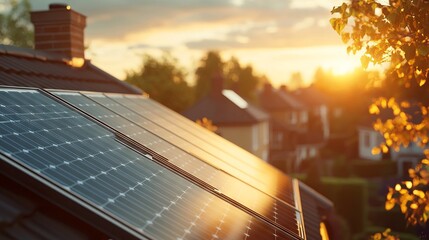 Close-up of Solar Panels on Urban House Roof During Golden Hour - AI generated illustration.