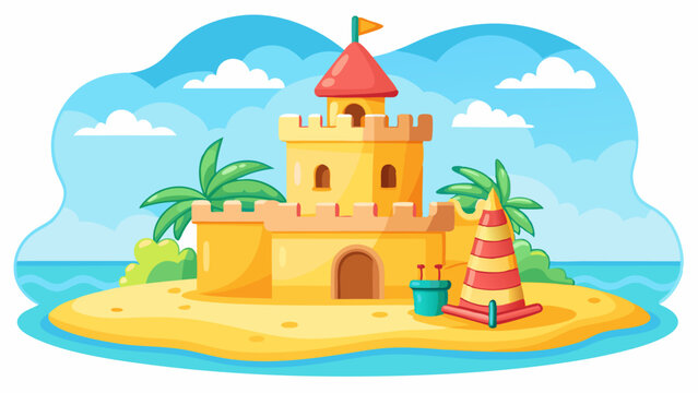 sandcastle on beach with palm trees clip art preview