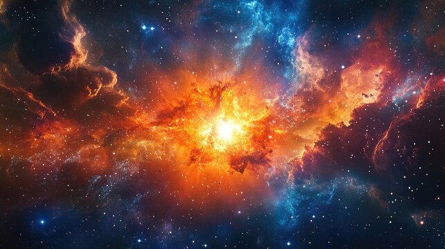 A cosmic scene of an exploding supernova in a colorful galaxy nebula filled with twinkling stars and swirling gas.