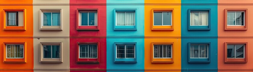 Fototapeta premium A cityscape with open windows showing life inside, next to closed windows reflecting solitude