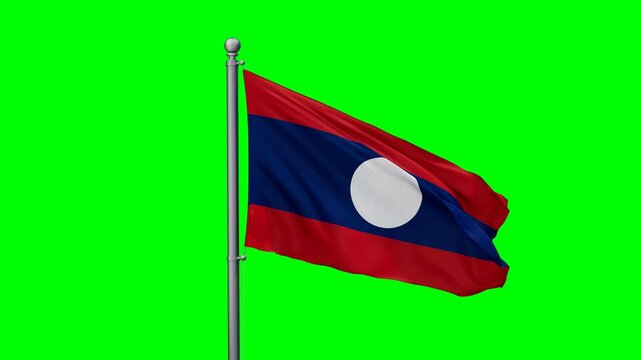 Laos flag waving in the wind with colored chroma key with green background