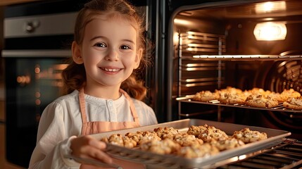 A child eagerly watching cookies bake in an oven with oven light on Lowangle shot, excited eyes, warm baking tones