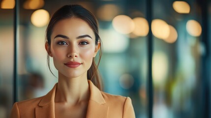 A businesswoman with a sharp, professional appearance, standing in front of a glass conference room, looking confidently at the camera with her face clearly visible.