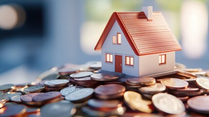 House Model on Pile of Coins  Homeownership  Financial Success