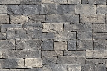 Fototapeta premium A textured wall made of rectangular coursed stone cladding blocks in varying shades of gray. The stones are arranged in a staggered pattern, showcasing a natural stone appearance.