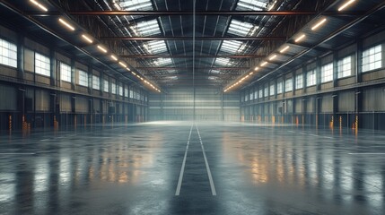 Empty Modern Warehouse with High Ceilings and LED Lighting - AI generated illustration.