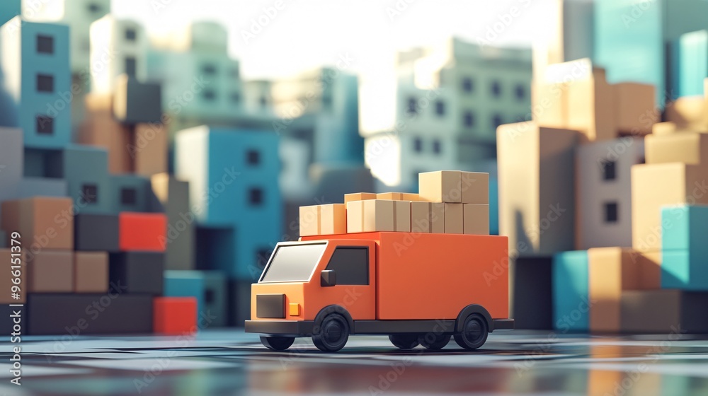 Poster 3D render of a clay-style delivery van driving through a colorful city with package boxes stacked on top Large space for text in center Stock Photo with copy space