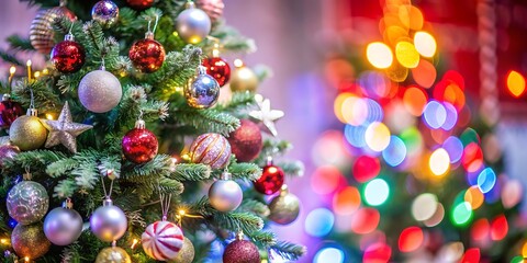 Christmas Tree With Ornament And Bokeh Lights In Red Background