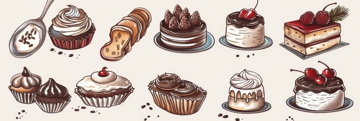 Drawing cakes set, hand-drawn desserts, cupcakes, sketched sweets, bakery design elements, bakery