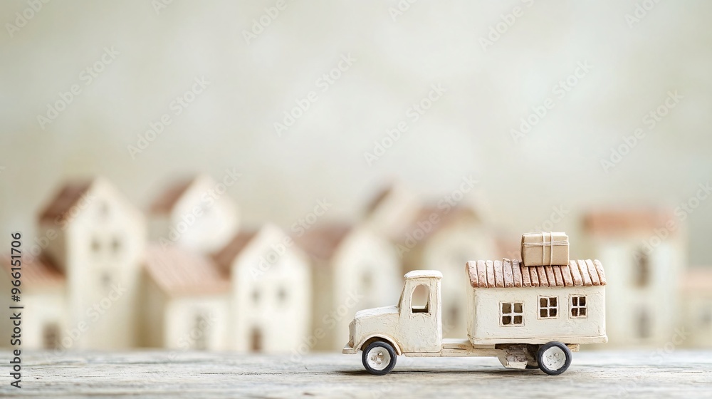Poster clay-modeled delivery truck with oversized wheels navigating through clay buildings with packages in