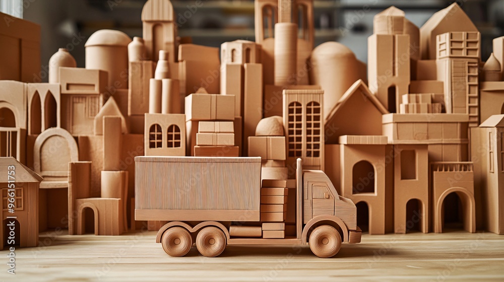 Poster clay-modeled delivery truck with oversized wheels navigating through clay buildings with packages in