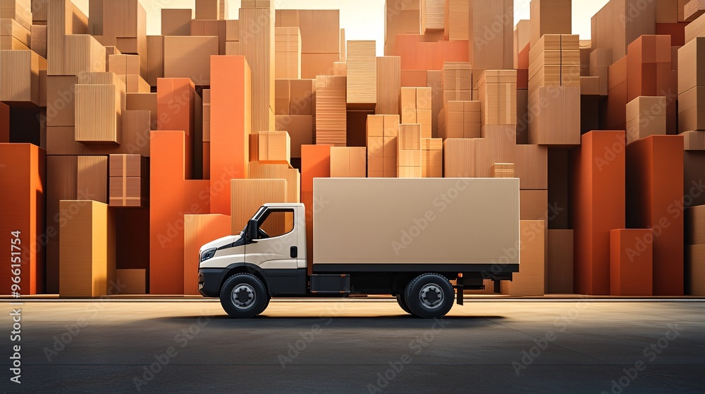 Aufkleber Clay-modeled delivery truck with oversized wheels navigating through clay buildings with packages in the back Large space for text in center Stock Photo with copy space