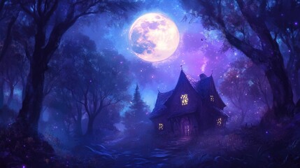 Enchanting fairy-tale cottage in mystical moonlit forest