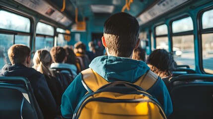 Teenage Boy Riding Bus with Backpack