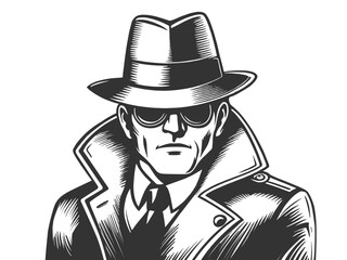 spy, secret agent, detective or killer, hat, and sunglasses, classic noir sketch engraving generative ai fictional character vector illustration. Scratch board imitation. Black and white image.