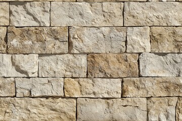 Textured coursed stone cladding wall made of various sizes of light-colored stones, featuring...