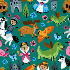 Bright children seamless vector pattern with fairy tale characters. Middle Ages magic legends Kingdom elements. Childish background. Princess, Knight, Castle and unicorn and Dragon