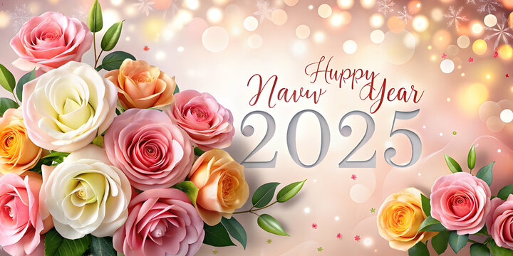 happy new year 2025 card with flower roses